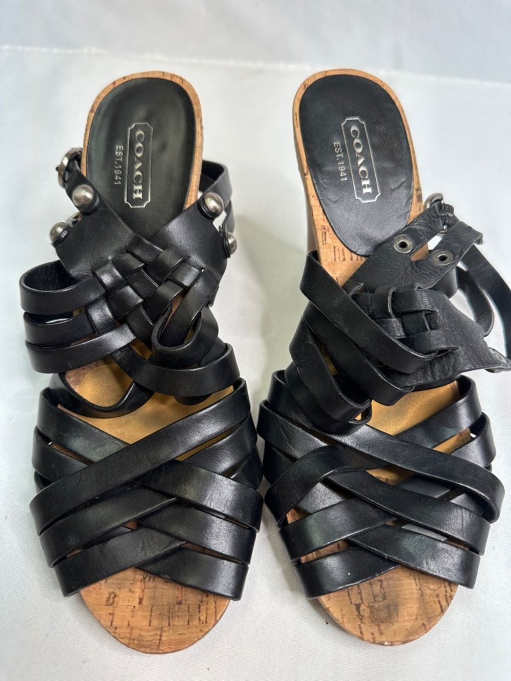 Coach Black Woven Leather Clog Mules with Silver Studs